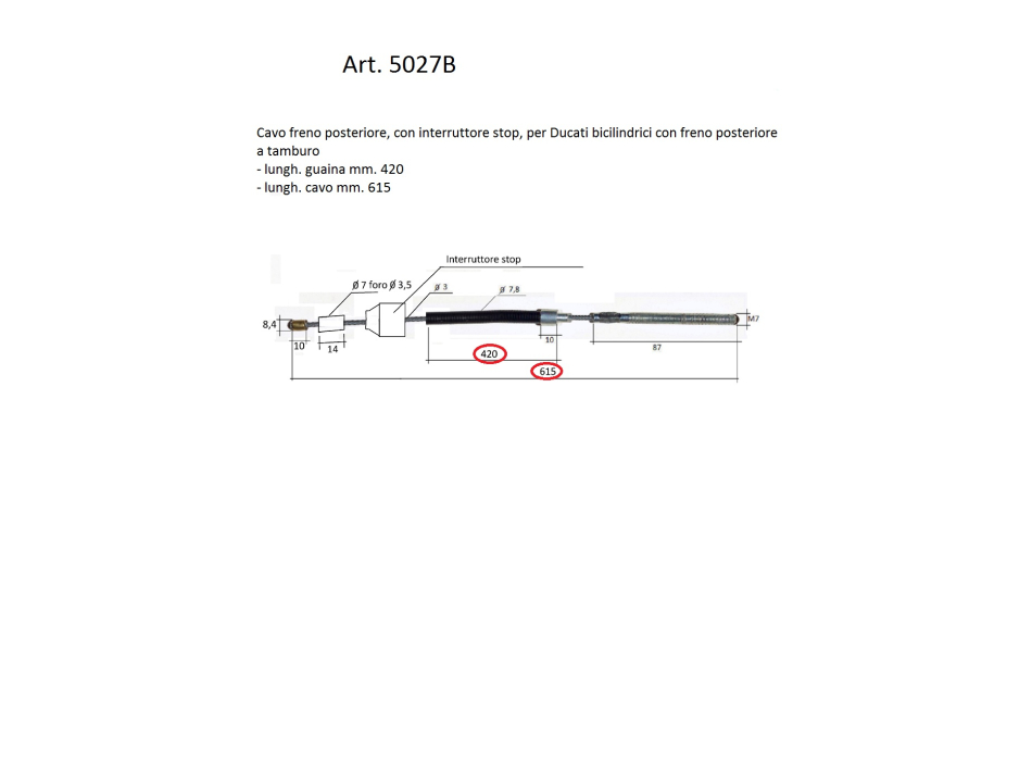 Back brake control tie-rod, L. 615 total, with stop switch for Ducati Twin with drum brake