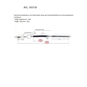 Back brake control tie-rod, L. 615 total, with stop switch for Ducati Twin with drum brake