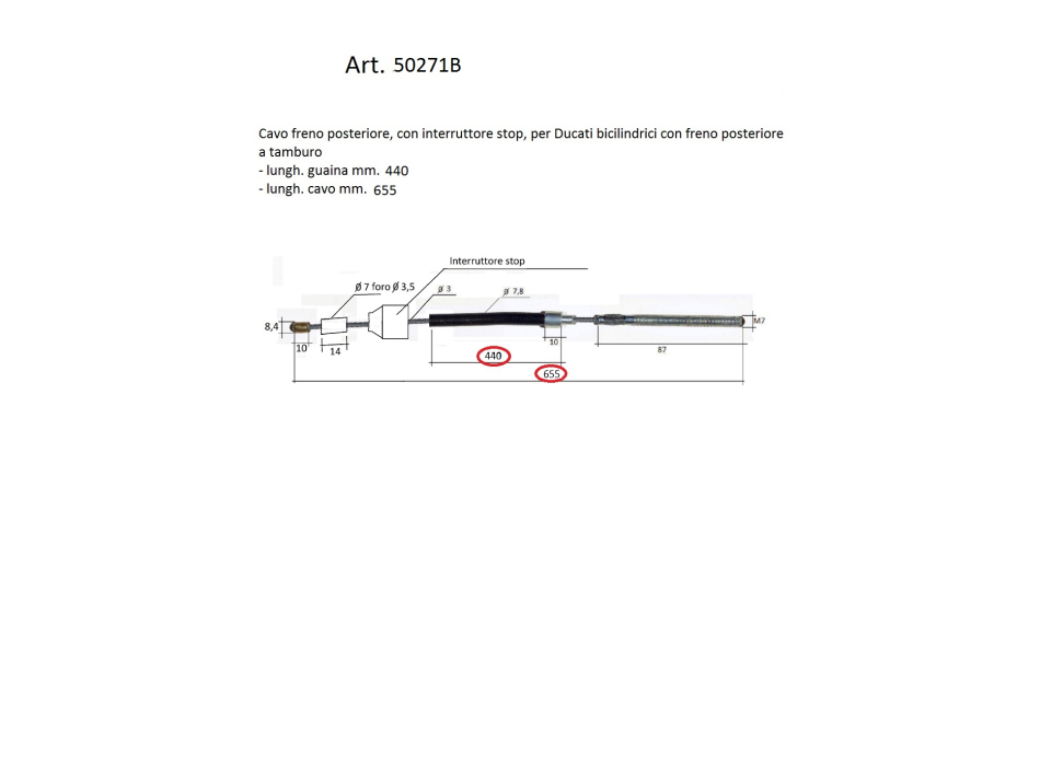 Back brake control tie-rod, L. 615 total, with stop switch for Ducati Twin with drum brake