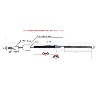 Back brake control tie-rod, L. 690 total, with stop switch for Ducati Twin with drum brake 860 and 90 GT/S