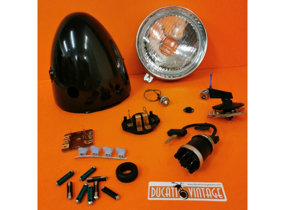 Complete black drop shape headlight - but electronic type - Ducati Scrambler type 1st series with original electronic ignition engine, original model of transition between 1st and 2nd series