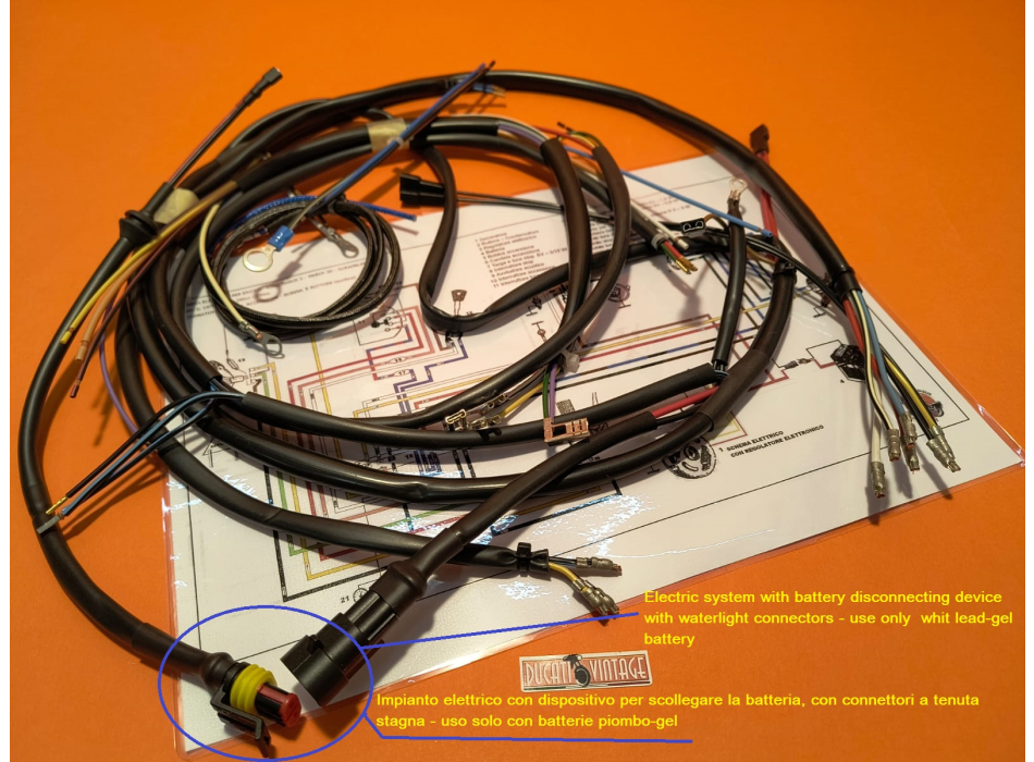 full wiring loom point ignition haig quality for Ducati Scrambler, Desmo Shothgun, Mark3 distributor engine for use with lead-gel batteries only