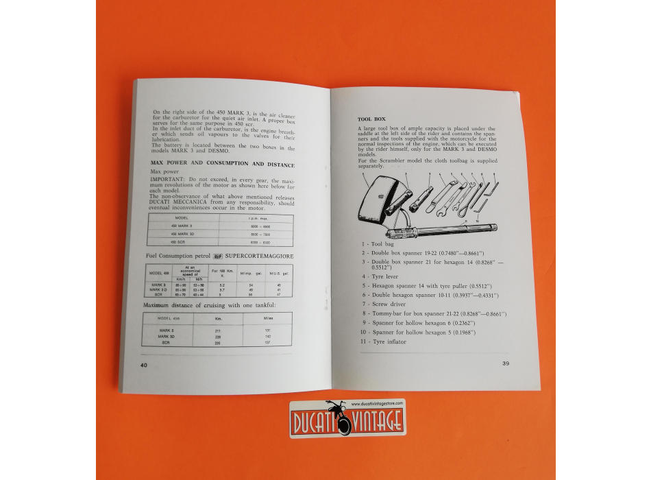 Instructions for use and maintenance 450cc over head camshaft motorcycle 197 Ducati