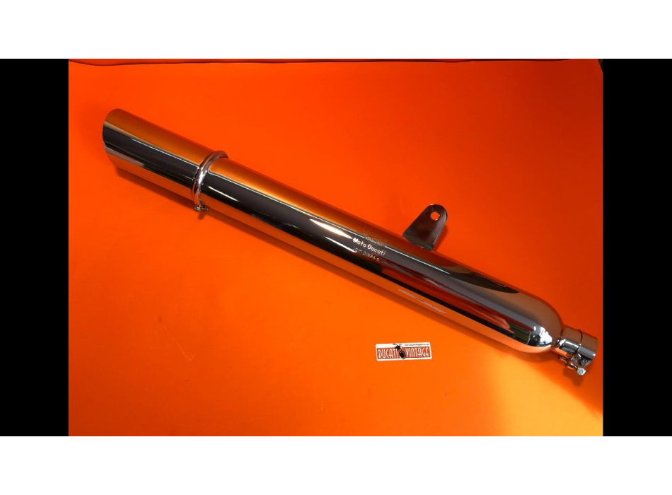 Long chrome silencer IGM 1984 S with strip suitable for Ducati wide case models 250 and 450