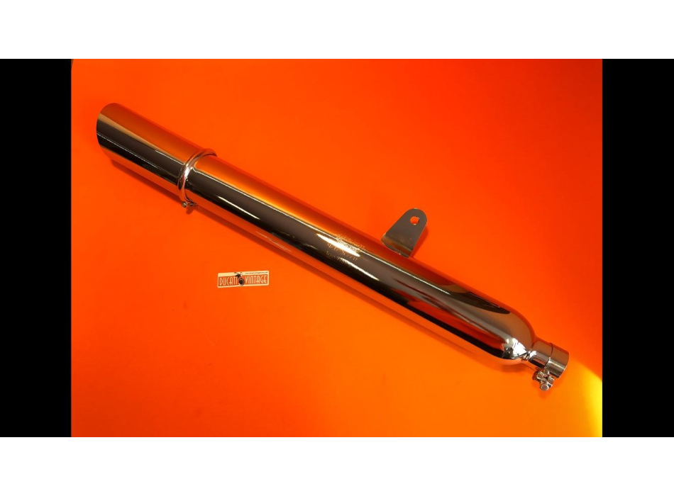 Long chrome silencer with strip suitable for Ducati wide case models 350cc