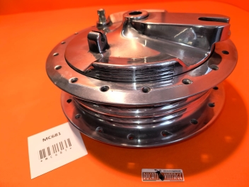 Grimeca ø 180 front wheel hub, with external odometer gear linkage, for Ducati motorcycles and other makes from the 1960s, used in excellent condition, polished, new upper shoes. 