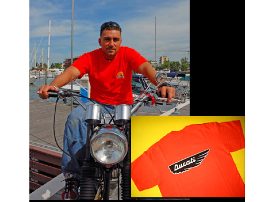 Orange T-shirt with Ducati silver wing on the back
